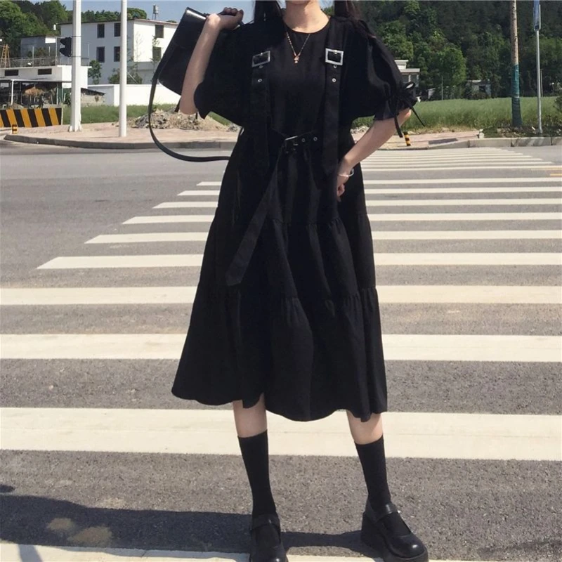 

2022 Fashion Women Clothes Black Dress EGirl Kawaii Harajuku Midi Dress Punk Gothic Aesthetic Streetwear Teen Fairy Grunge Party