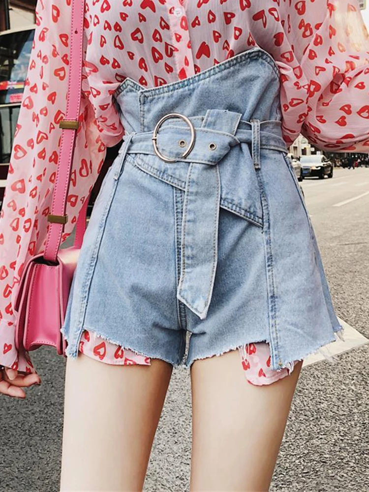 Korean version of large size high waist wide leg hot pants skirt irregular a-line loose denim shorts female summer 2021 new