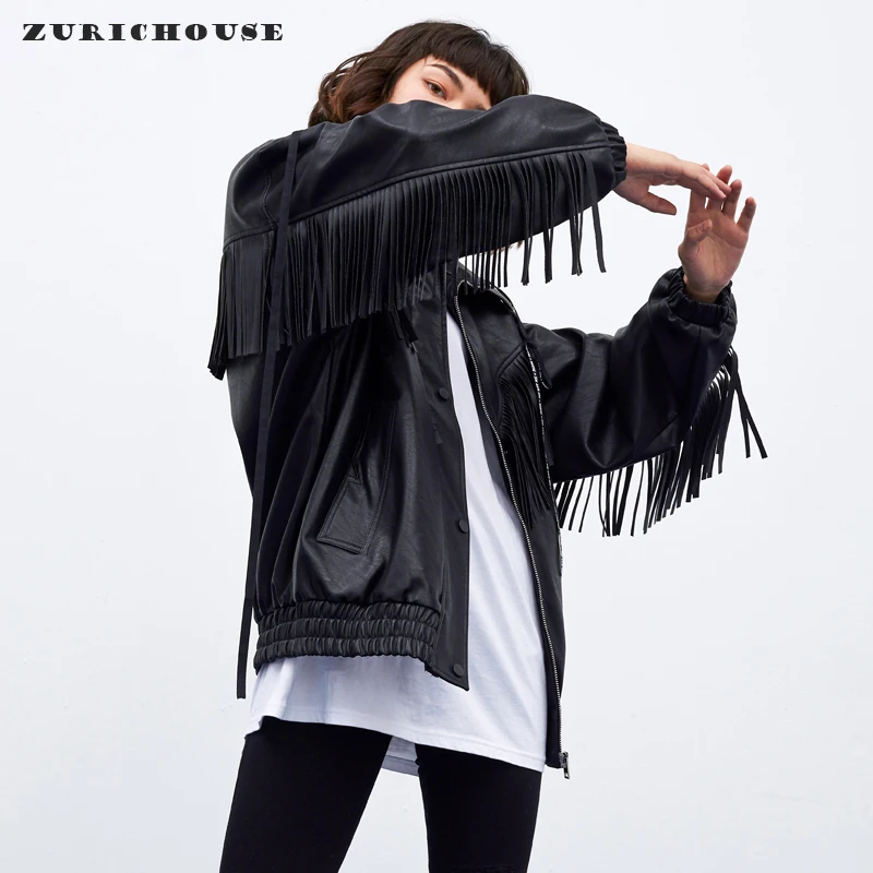 

ZURICHOUSE Soft Faux Leather Women Jacket Spring 2021 Fashion Tassel Design Loose Fit Motorcycle Black Leather Jacket
