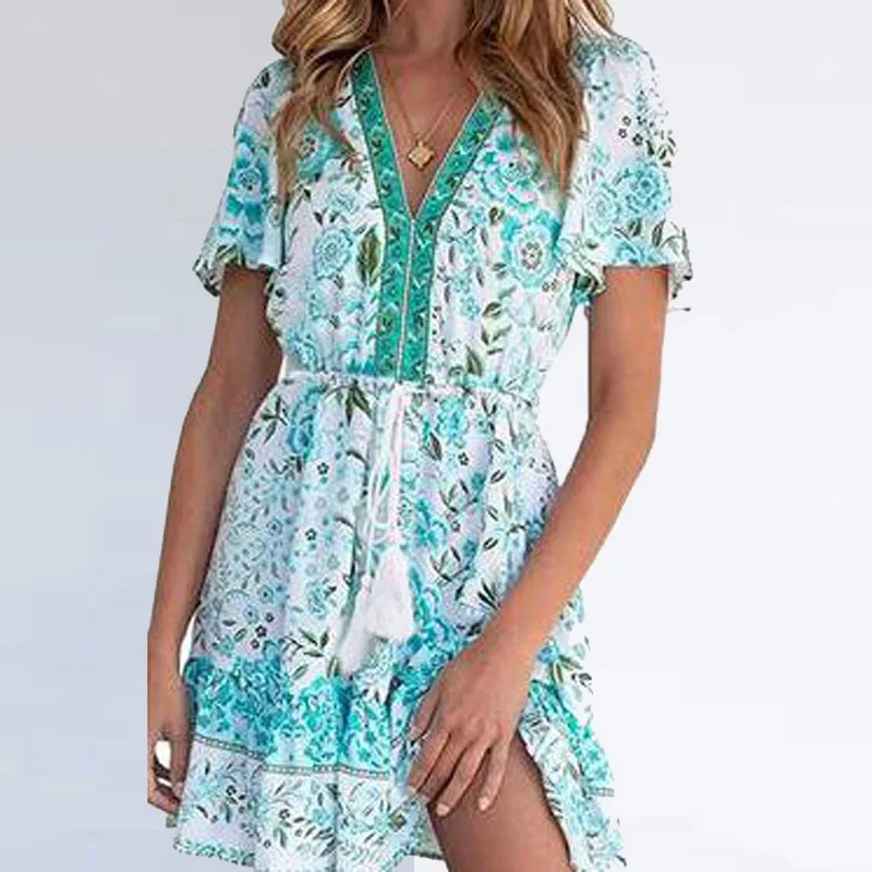 

Women Elegant Tie-up Tassel Spring Party Dress Lady V Neck Short Sleeve Summer Beach Dress Retro Floral Print A-Line Mini Dress