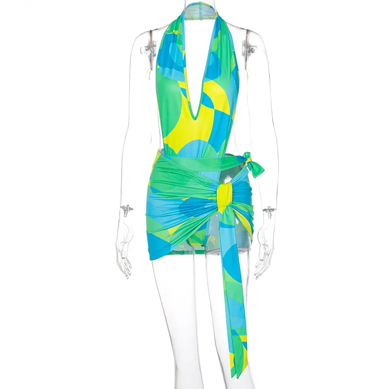 

Sexy Green Printed Two Piece Set Club Beach Outfits for Women Summer Vacation Halter Top Bodysuit Mini Skirts Dropshipping