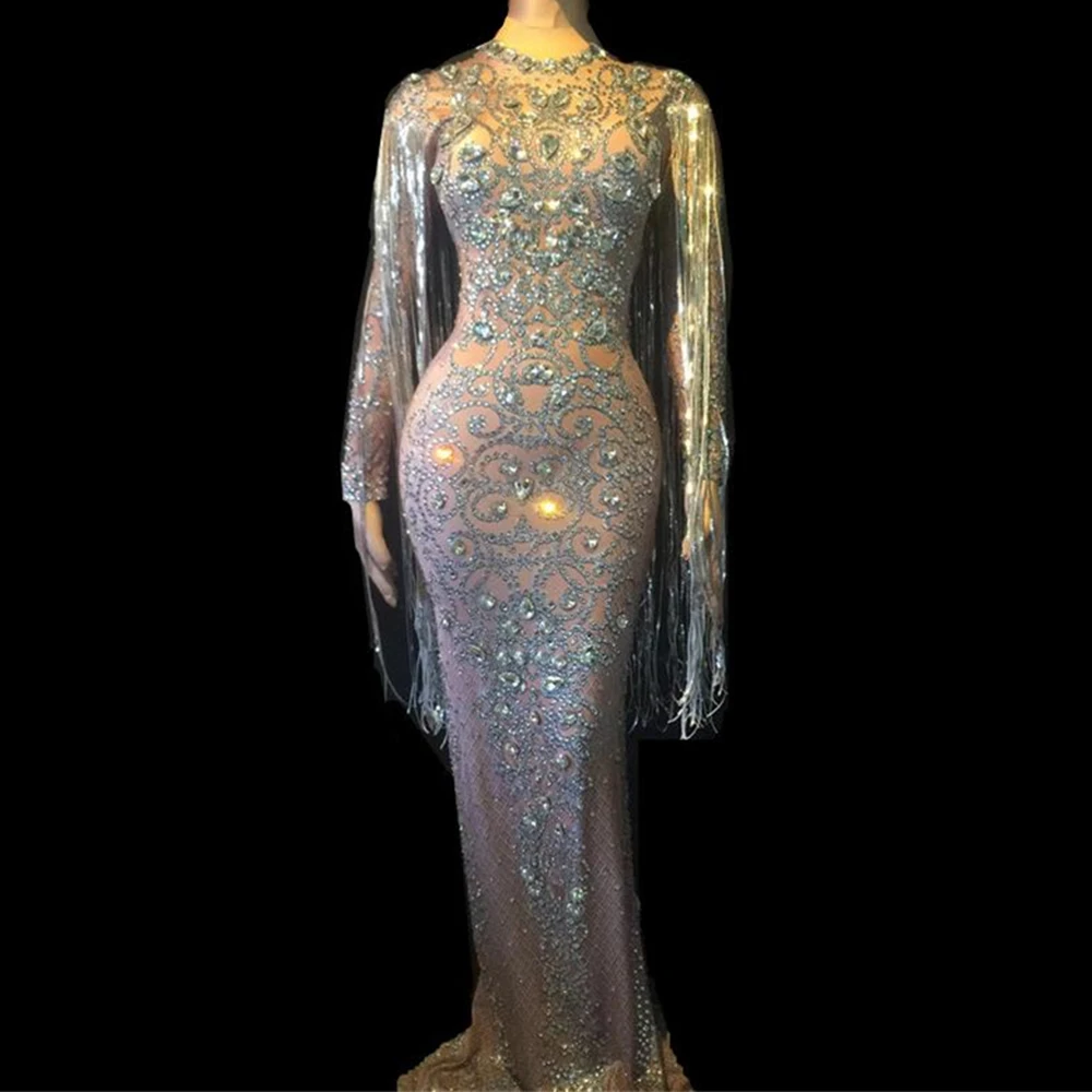 Женское платье с длинными кисточками длиной до пола разрезом для ночного клуба