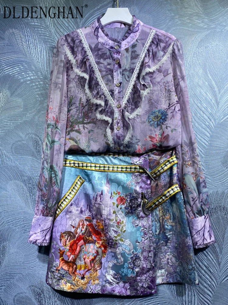 

DLDENGHAN Runway Designer Autumn Suit Women Stand Collar Ruffle Long Sleeve Shirt + Skirt Vintage Print Two Pieces Set