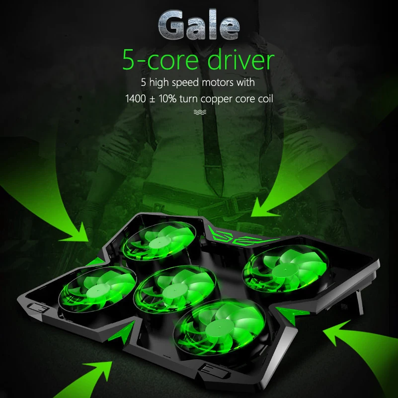 Охлаждающая подставка для ноутбука 5 вентиляторов два USB-порта охлаждающая 12-17