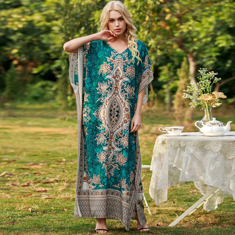 

ZTONE Dresses for Women 2021 Summer Dress Fashionable Loose Fairy Dress Free Size V-Neck Short Sleeve Retro Maxi Dress