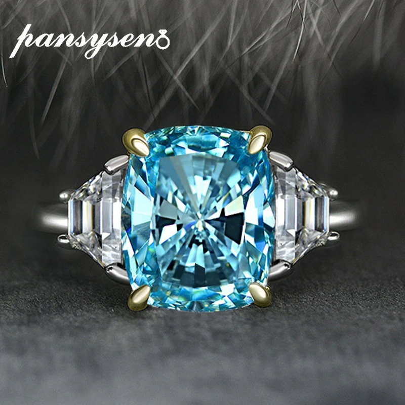 

PANSYSEN Solid Silver 925 Aquamarine Sapphire Created Moissanite Rings for Women Wedding Anniversary Fine Jewelry Gift Wholesale