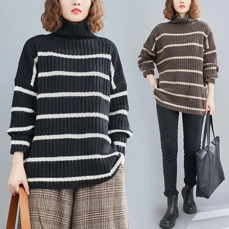 

Autumn and winter knitted turtleneck striped sweater 2021 basic pullover Korean version of the large size stitching long-sleeved