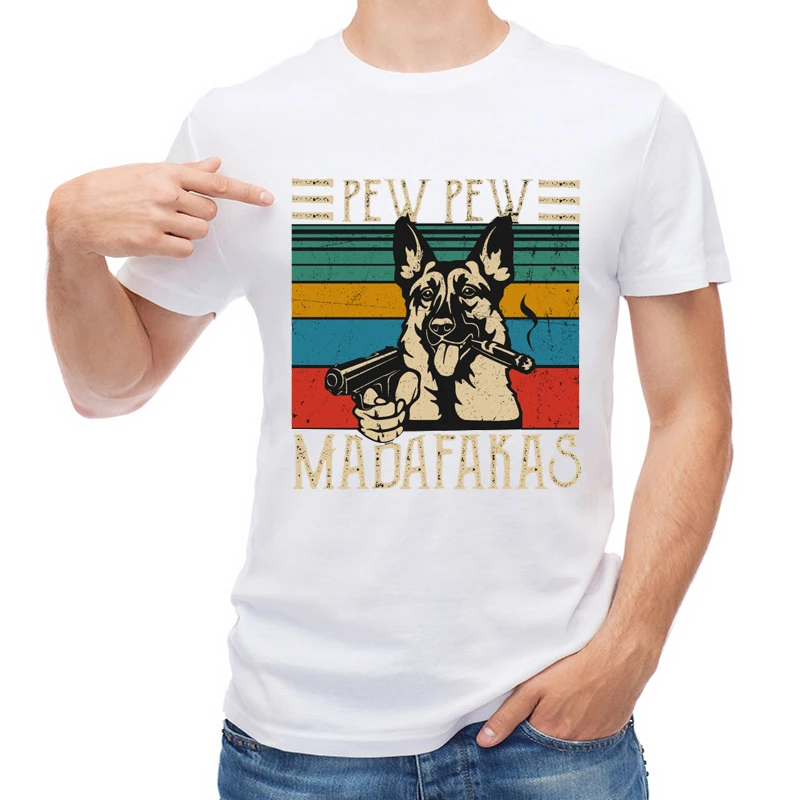 

TEEHUB Pew Pew Madafakas Vintage German Shepherd Pew Men T Shirt Retro French Bulldog Printed T-shirt Short Sleeve Tops Boy Tees