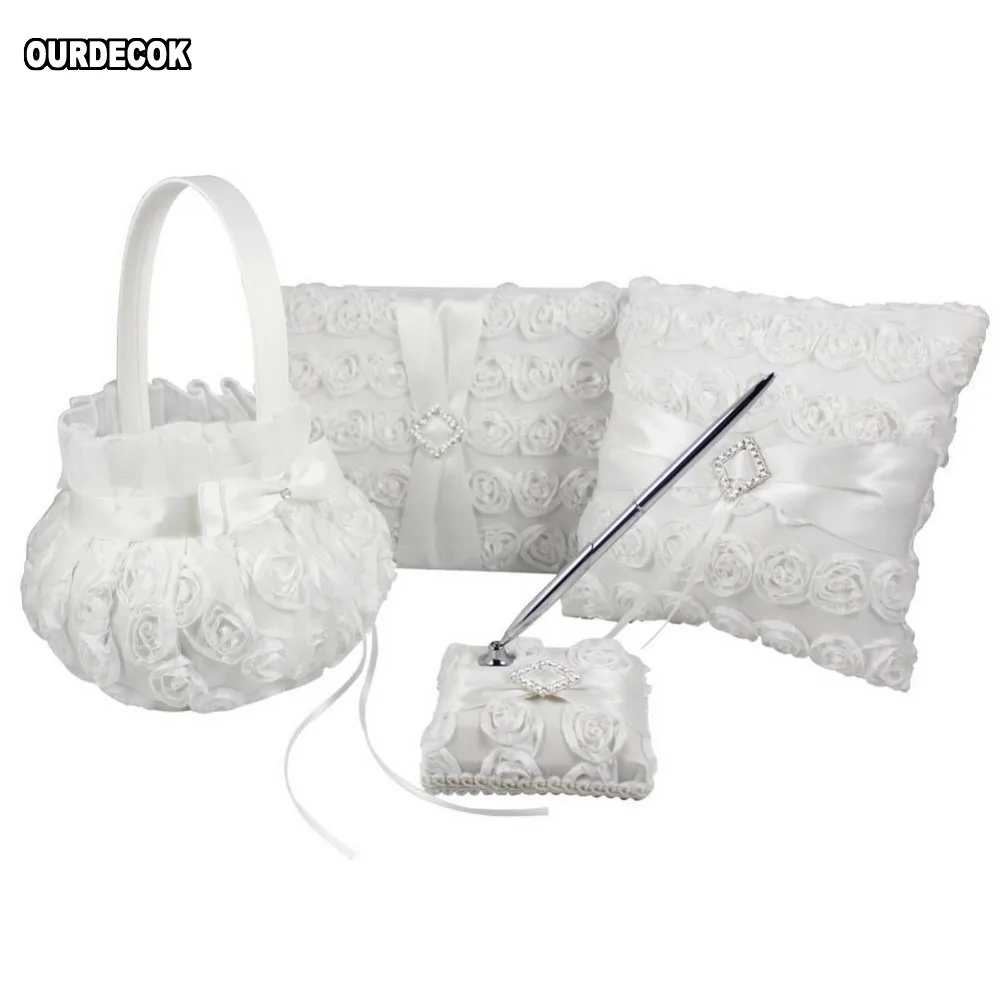 

4Pcs/lot White Flower Decoration Wedding Guest Book& Pen Set &Ring Pillow &Girls Flower Basket Decor Bridal Products