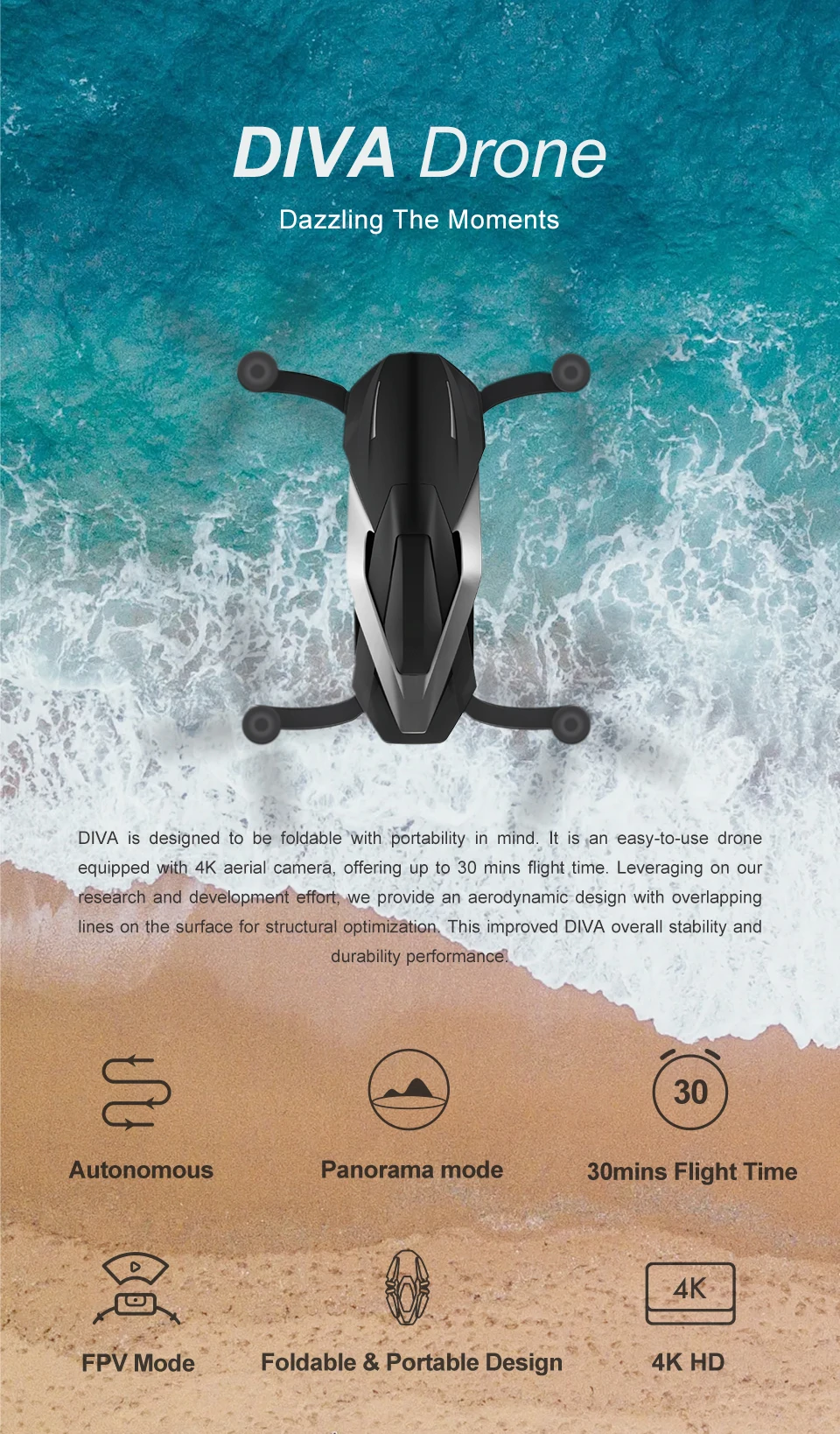 

FUNSNAP DIVA Drone 5.8G WIFI FPV 1080P RTF Remote Camera HDR Video GPS 30mins Flight Time Drone Helicopter with Gi