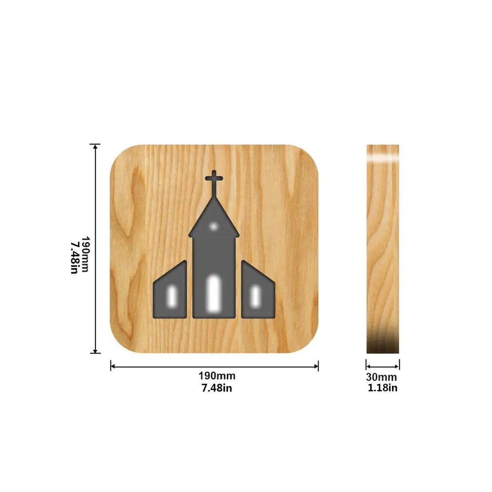

1PC USB Charging 2.5W Wooden Night Light Christian Church Pattern LED Light Home Bedroom Decor Lamp Coffee Decoration