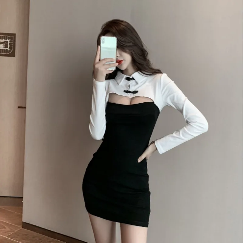 Новая юбка Женский Улучшенный Чонсам на пуговицах модная черно белая подходящая