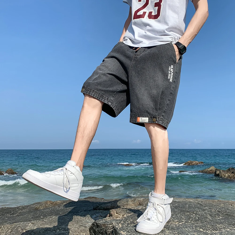 Мужские летние джинсовые шорты прямые однотонные широкие брюки средней длины