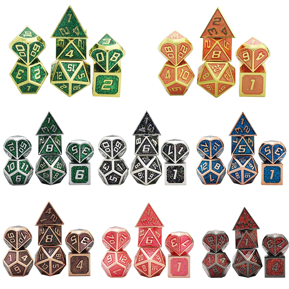 Металлические игральные кости с блестящим эффектом набор из 7 смешанных цветов + 1