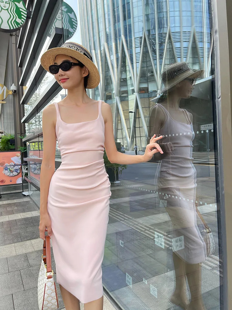 

Розовое платье с квадратным вырезом, длинное Плиссированное облегающее платье с запахом на бедрах