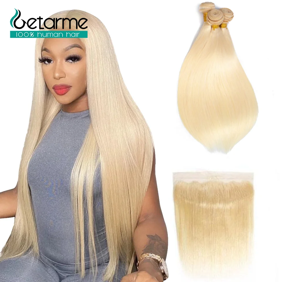 

613 Bundle with Frontal Honey Blonde Colored 13x4 Lace Frontal with Straight Human Hair Extensions 2 3 4 Brazilian Hair Bundles