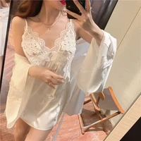twinset robe set lace bridal wedding kimono summer dressing gown perspective sexy bathrobe chemise nightgown suit with pads
