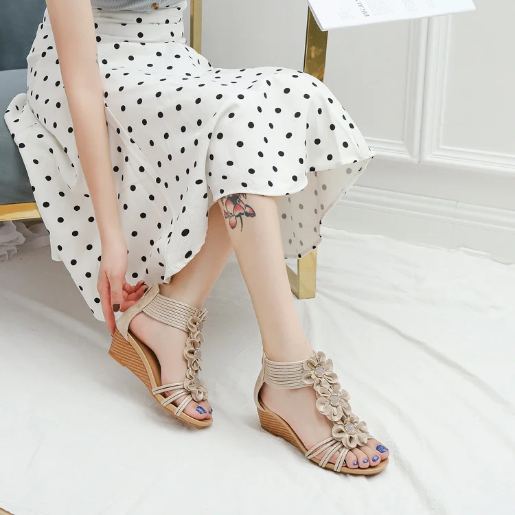 

Simmian national style sandals women's slope heel thick bottom with skirt summer new flower Roman shoes 1418-527