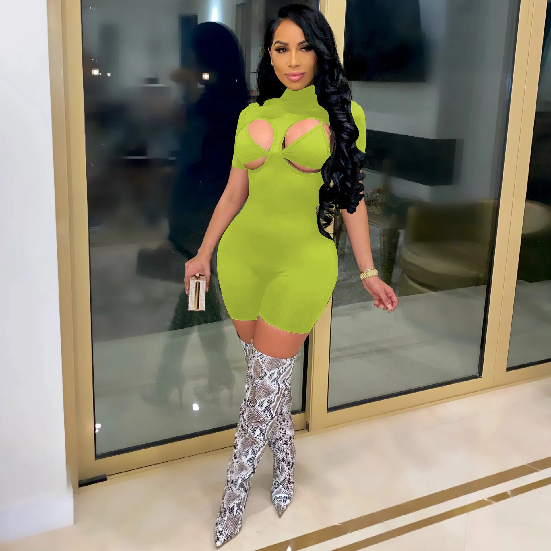 

Cut Out Playsuit Bodycon Rompers for Women Short Sleeve Jumpsuit with Bra Casual Shorts Romper Female Night Club Wear Outfits