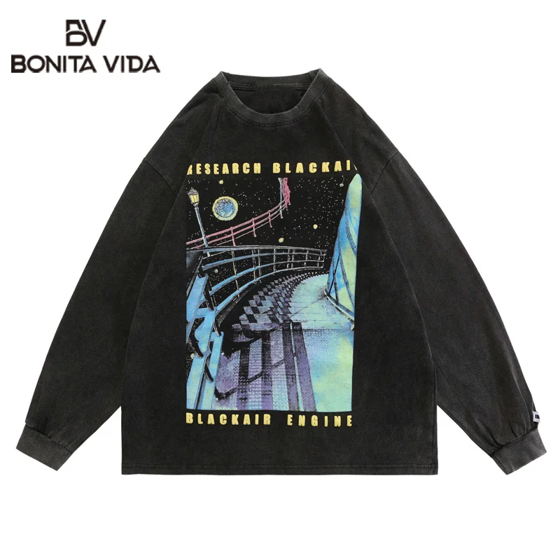 

Bonita Vida Istressed Sweatshirt Men Star Planet Illustration Oversize Pullover Casual High Street Washed Couple Streetwear