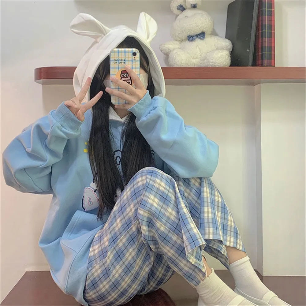 

Kawaii Bear Girl Hoodie Sweatshirt Harajuku Loose Loog Sleeve Women Hooded Collar Student Sweet Casual Pullovers Winter Tops