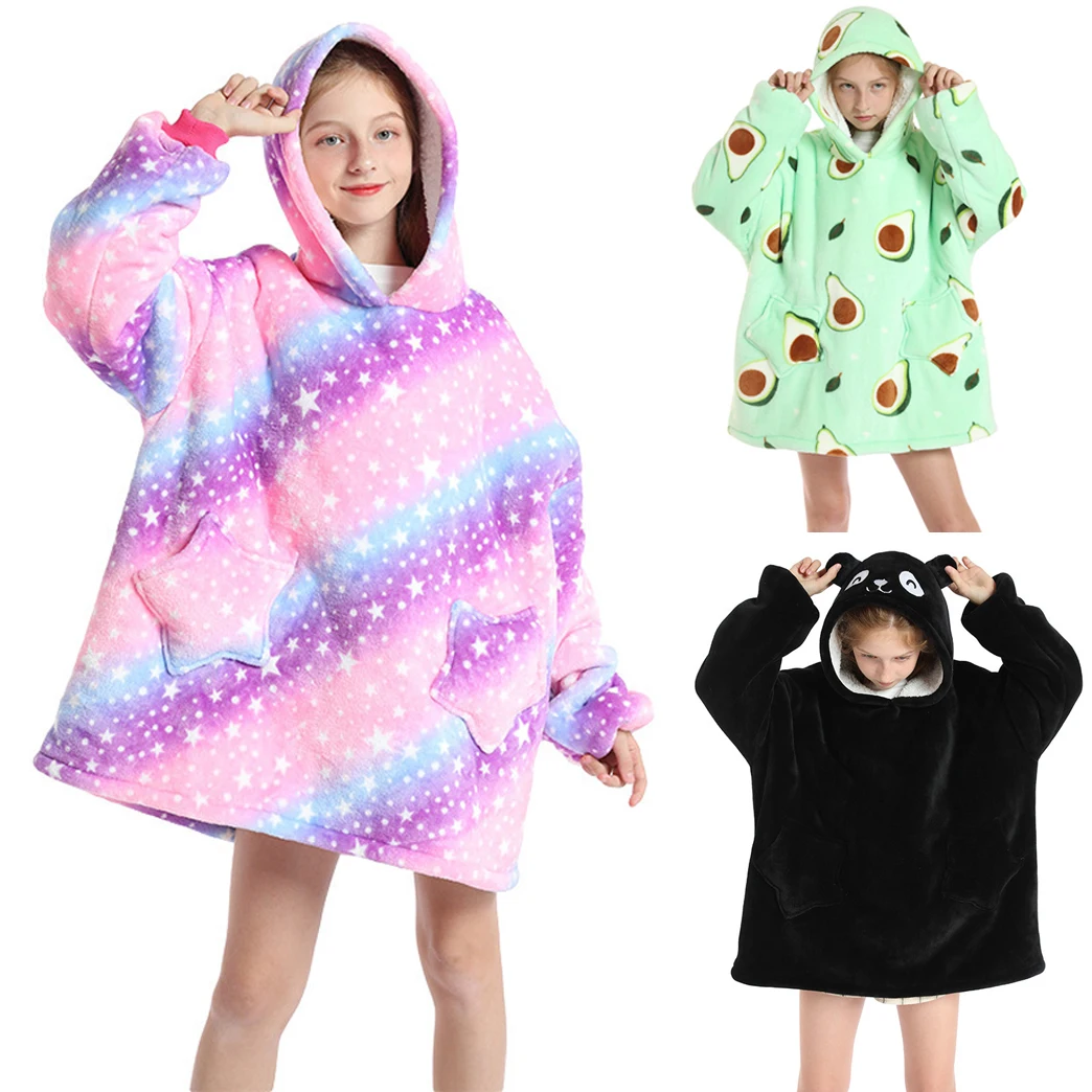

Kids Hoodie Blanket Oversized Pajamas Children Sweatshirt Cute Wearable Flannel Blankets For Boys Girls Gifts Winter Autumn