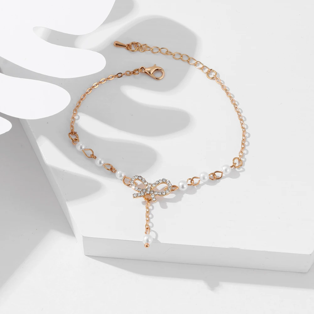 

FNIO 2021 New Classic Pearl Bracelet Crystal Bow Pendant Bracelet Korean Sexy Jewelry Accessories Party Women'S Bracelet