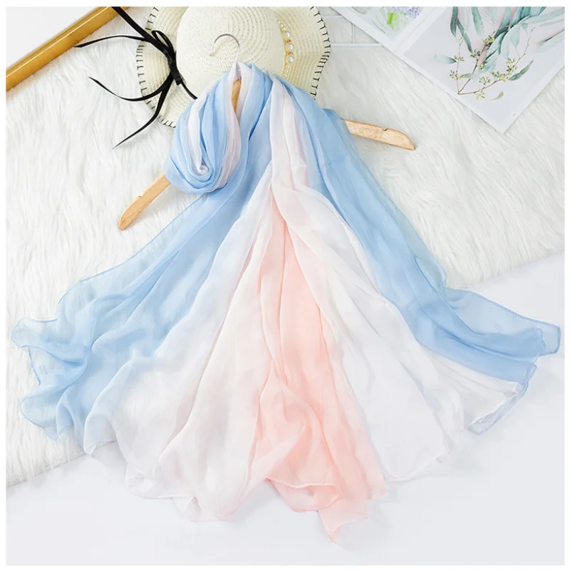 

Spring and Autumn New Gradient Simulation Silk Scarf Ladies Elegant Fashion Travel Shawl Long Multicolor Scarf Large size dancin
