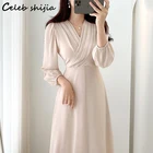 Женское платье с V-образным вырезом, абрикосовое элегантное облегающее платье с высокой талией и длинным рукавом, на шнуровке, в Корейском стиле, весна 2022