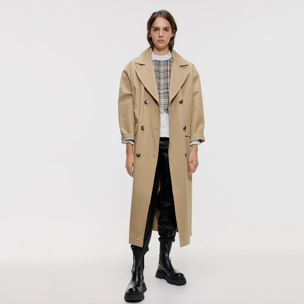 2019 ZA классический цвет хаки британский стиль Женская куртка модная двубортная с