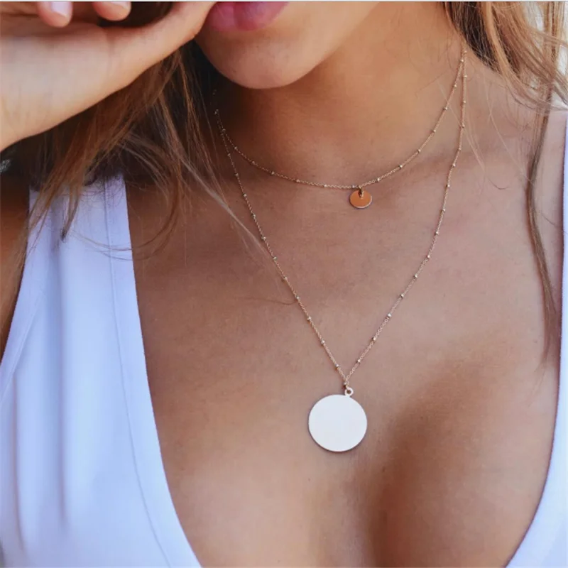 

Women's Double Layer Disc Pendant Necklace New Simple Fashion Jewelry