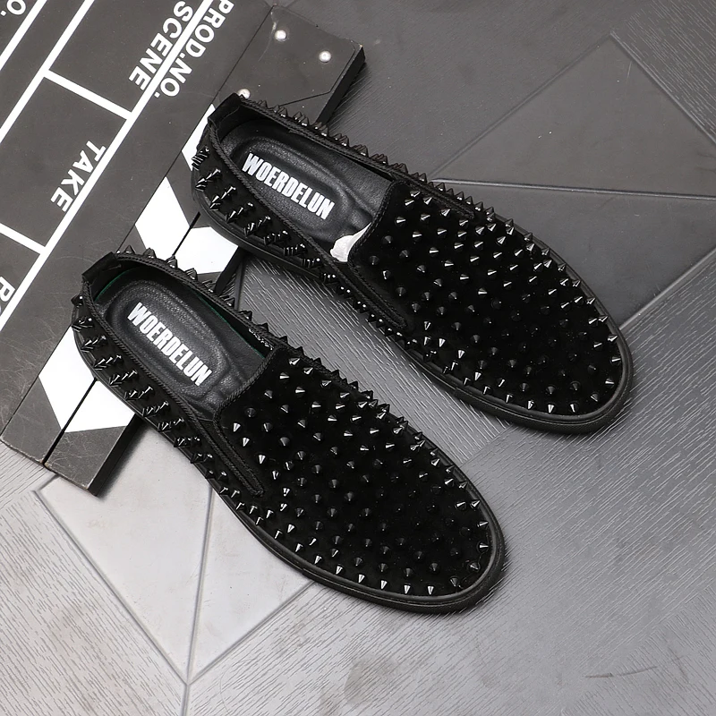 

men's luxury fashion punk night club wear natural leather shoes summer breathable slip-on rivets shoe flats platform loafers man