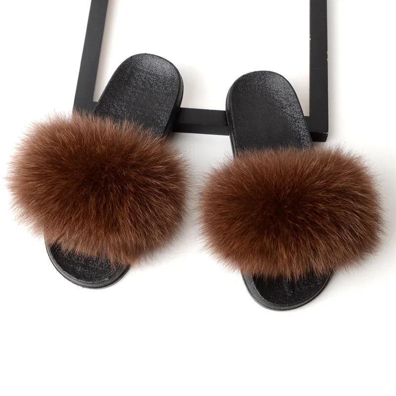 Fox Hair Brown Hot Women Furry Slippers Ladies Cute Plush Natural Fox Hair Slippers Real Fur Slippers Summer Indoor Outdoor Slippers for Women - Цвет: Fox Hair Brown