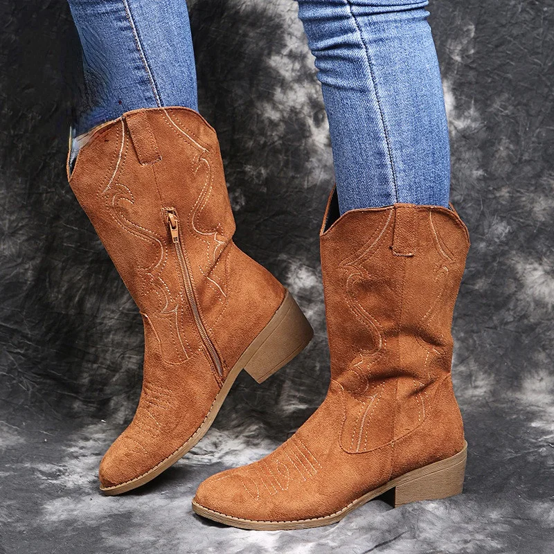 

Women Western Boots Autumn Vintage Long Tube Knight Boot Female Embroider High Heel Leather Shoes Knee-High Cowboy Boots