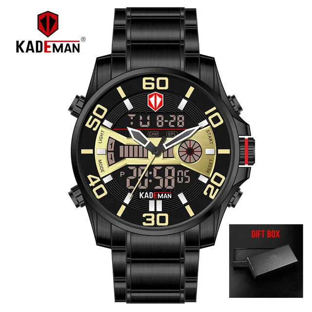 gold black KADEMAN спортивные цифровые часы с двойным дисплеем Мужские кварцевые часы Лидирующий бренд водонепроницаемые армейские военные полностью Стальные наручные часы Relogio - Цвет: gold black