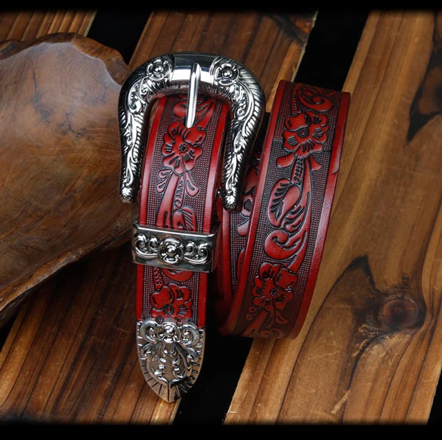 

CETIRI Top Grain Genuine Leather Blet Flower Carved Men Women Leather Belt Retro Pin Buckle Men Jeans Causal Pants Belt