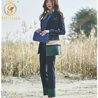 women spring two piece set office suit autumn double breasted long jacketlong pant suits businness work wear suits
