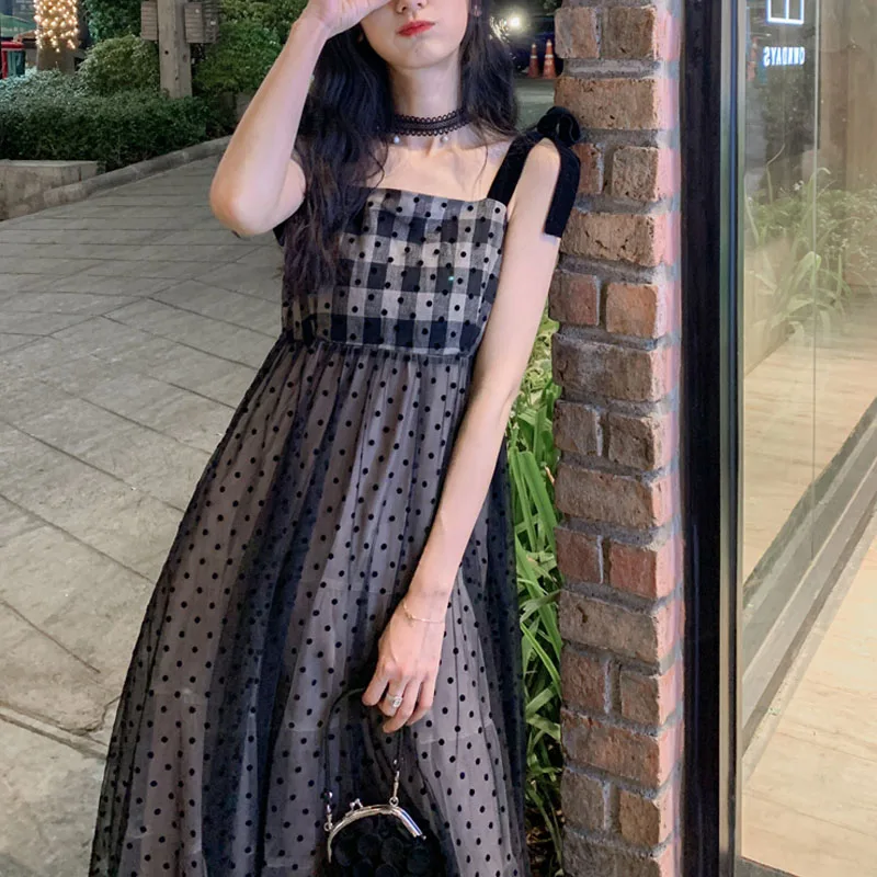 

2021 summer Korean new style Flocked mesh black suspender skirt Women French vintage Chic Spaghetti Strap High waist Midi Dress