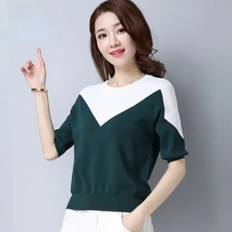 

Ice silk short sleeve thin knitted shirt women's short loose top 2021 summer new mid sleeve head contrast T-shirt