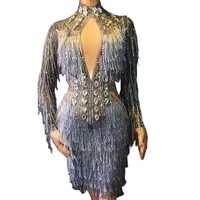 sparkling rhinestone crystal grey tassels women dresses long sleeve bling fringes nightclub party show performance stage wear