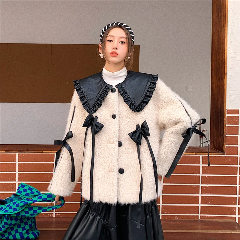 

Плюшевое меховое пальто с воротником-стойкой и французским бантом