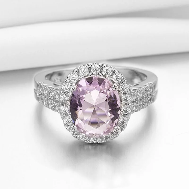 

Cute White Pink Oval Crystal Ring Silver Color Full Inlaid Dazzling Rhinestone Zircon Female Ring for Women Wedding Jewelry