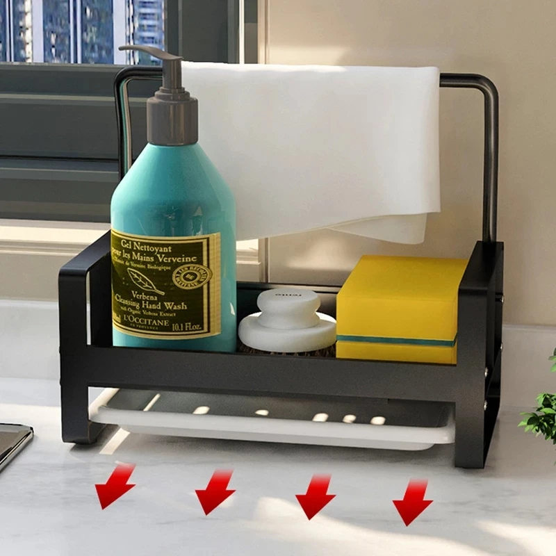 

Kitchen Organizer Sink Rack Space Aluminum Sponge Holder Towel Rack Soap Brush Holder Drain Pan Kitchen Drying Rack Punch-free