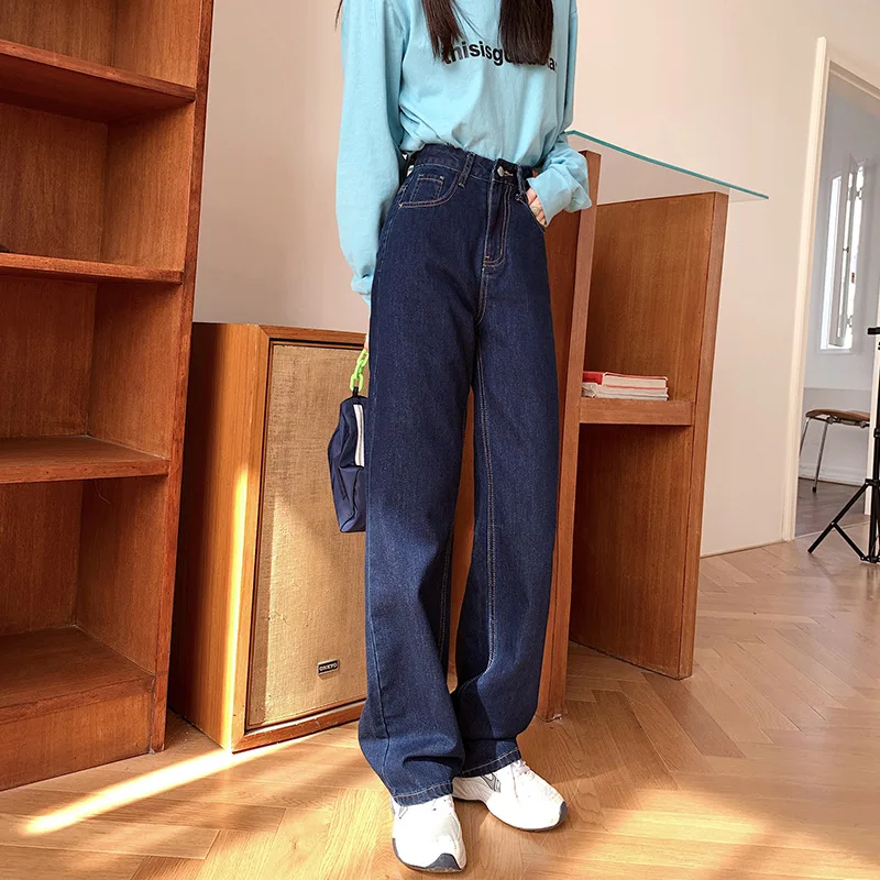 

Autumn 2021 Dark Blue Women's Wide Leg Jeans Summer Fashion Vintage Casual Loose Long Pants Mujer De Moda High Waist Trousers