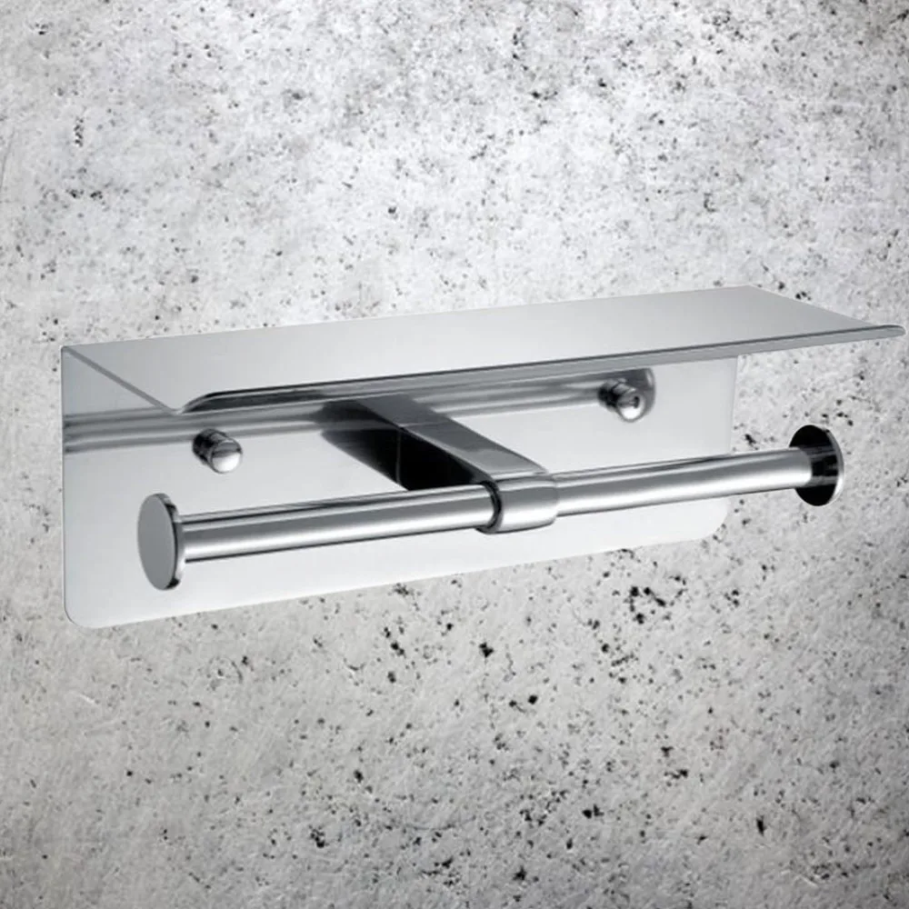 

Double Holder Wall Mount Tissue Paper Roll Hanger with Mobile Phone Shelf Rack for Bathroom Home Office Hotel