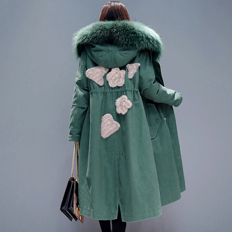 Новинка 2020 женские пальто длинные парки большой размер зеленый меховой воротник