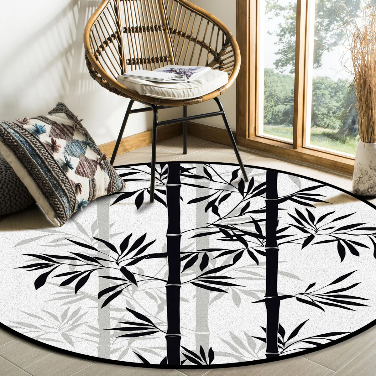 Черный белый бамбуковый круглый коврик в китайском стиле с чернилами листьями