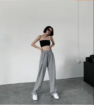 

2022 Casual Grey Pants Women High Waist Applique Chic Cool Harajuku Sweatpants Comfortable Elastic Waist Loose Pants Pockets