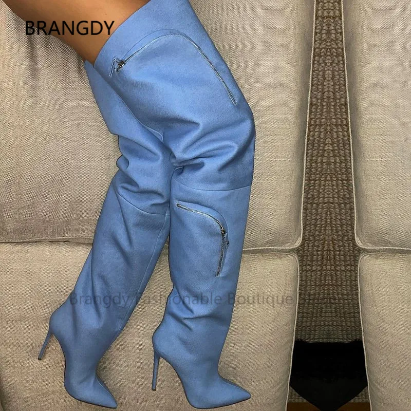 

2021 Sky Blue Cargo Wader Thigh-High Boot Pointy Toe Faux Leather Bubble Textured Combat Pocket Boot Woman Thin Heel Botas Mujer