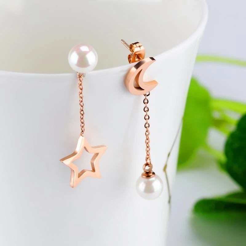 

Earrings For Women 2021 Trend New Stainless Steel Rose Gold Korean Star And Moon Asymmetric Long Fashionable Pearl Eardrop